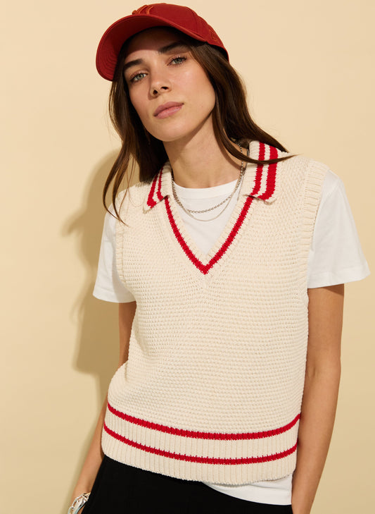 Agnes Ecotec Knitted Vest Cream & Crimson
