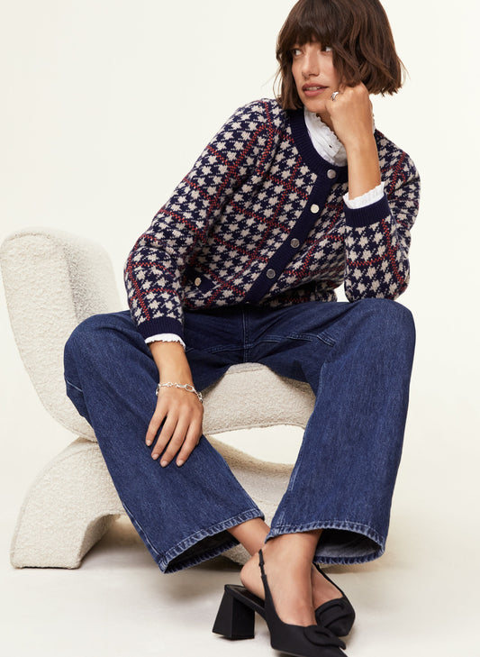 Prudence Recycled Wool Knitted Jacket Navy and Natural