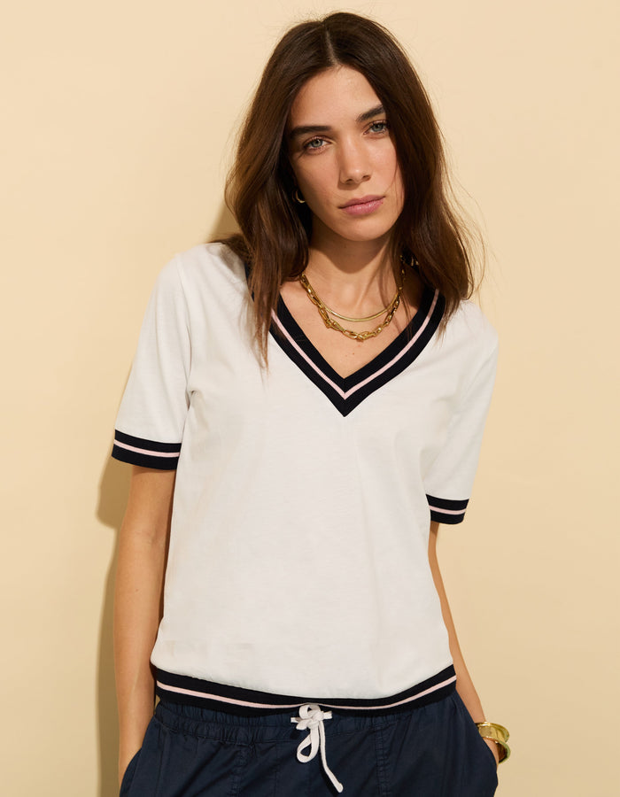 Hal Organic V-Neck Tee / Pure White, Navy & Powder Pink
