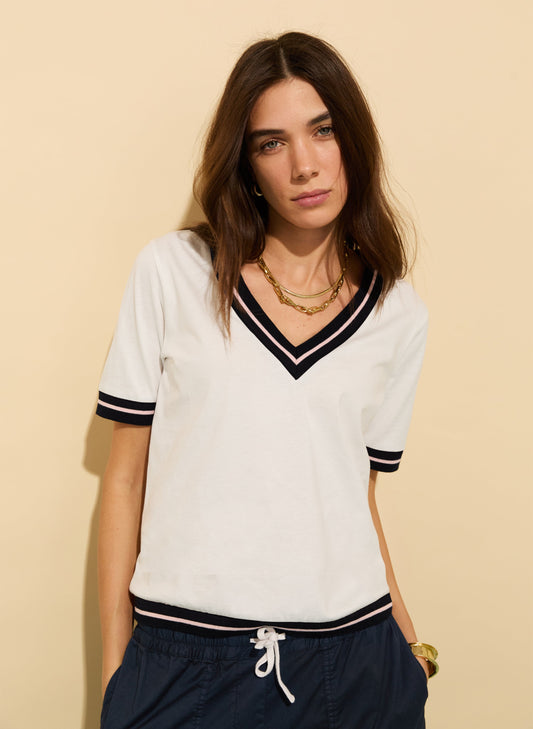 Hal Organic V-Neck Tee / Pure White, Navy & Powder Pink