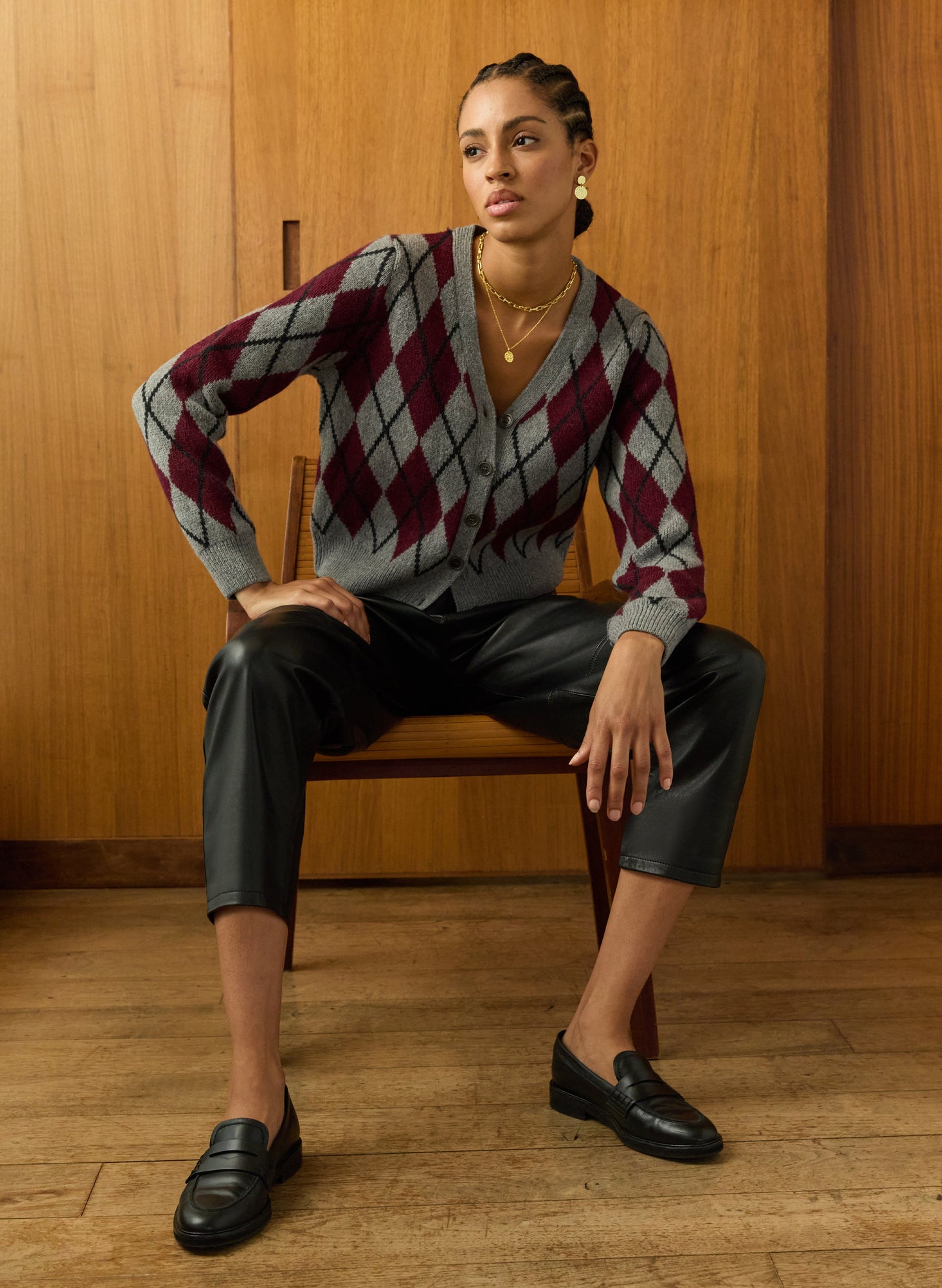 Grey and burgundy argyle knit merino cardigan with v-neck.