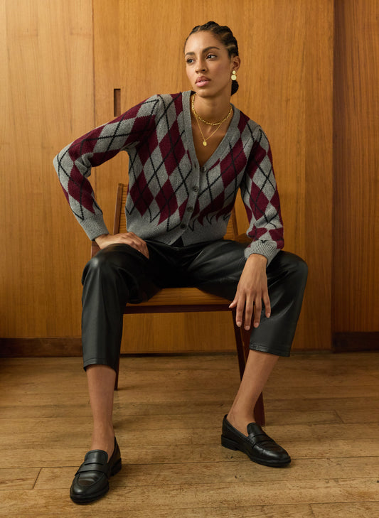 Grey and burgundy argyle knit merino cardigan with v-neck.