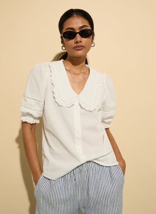 Marti Organic Cotton Broderie Detail Blouse Soft White