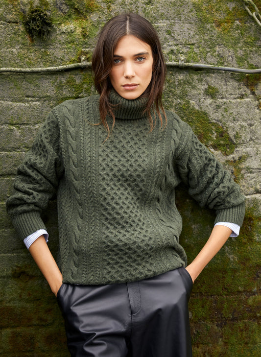Juno Wool Blend Cable Turtleneck Jumper Dark Olive