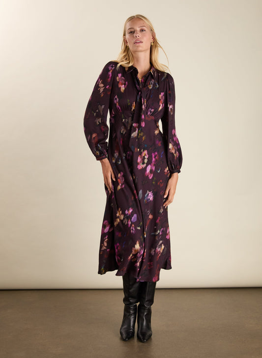 Charlotte Printed Midi Dress / Plum Watercolour Floral