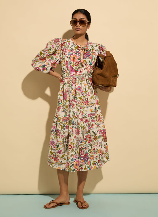 Isabelle Organic Cotton Kaftan Dress Pink Garden Floral