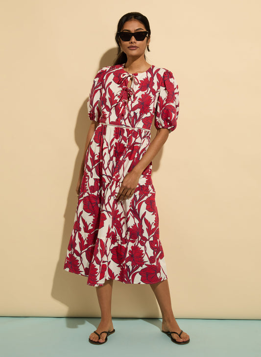 Amelie Organic Cotton Tie Midi Dress Crimson Dahlia