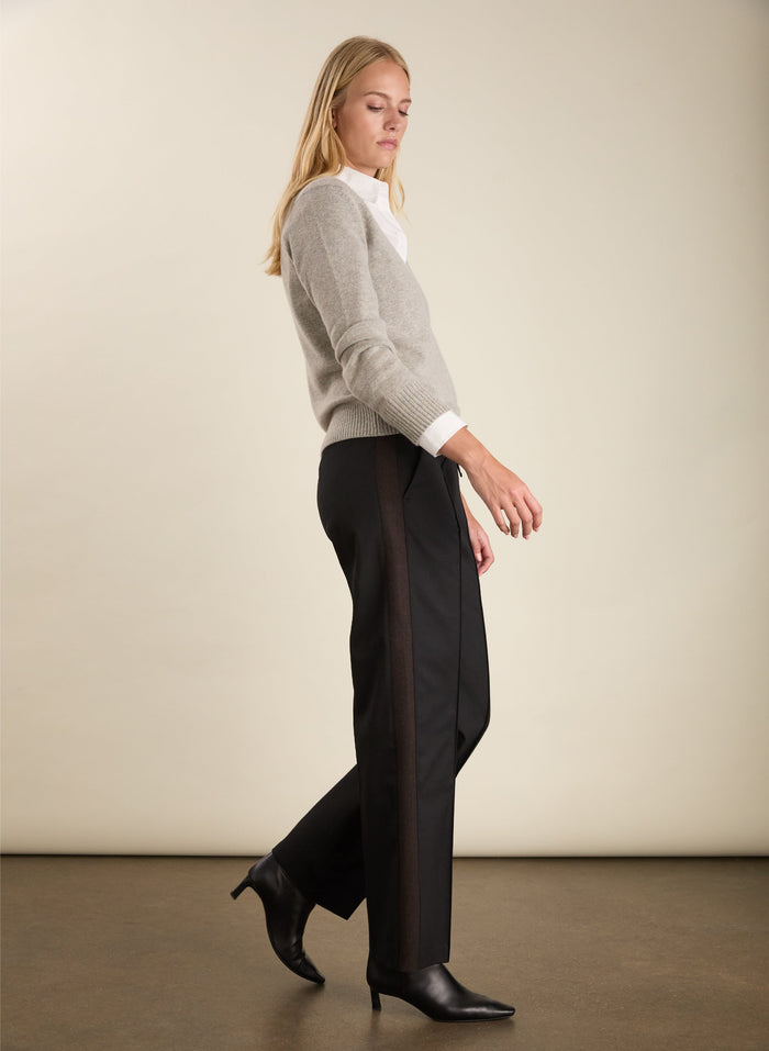 Black recycled wool blend trousers with chocolate side stripe.