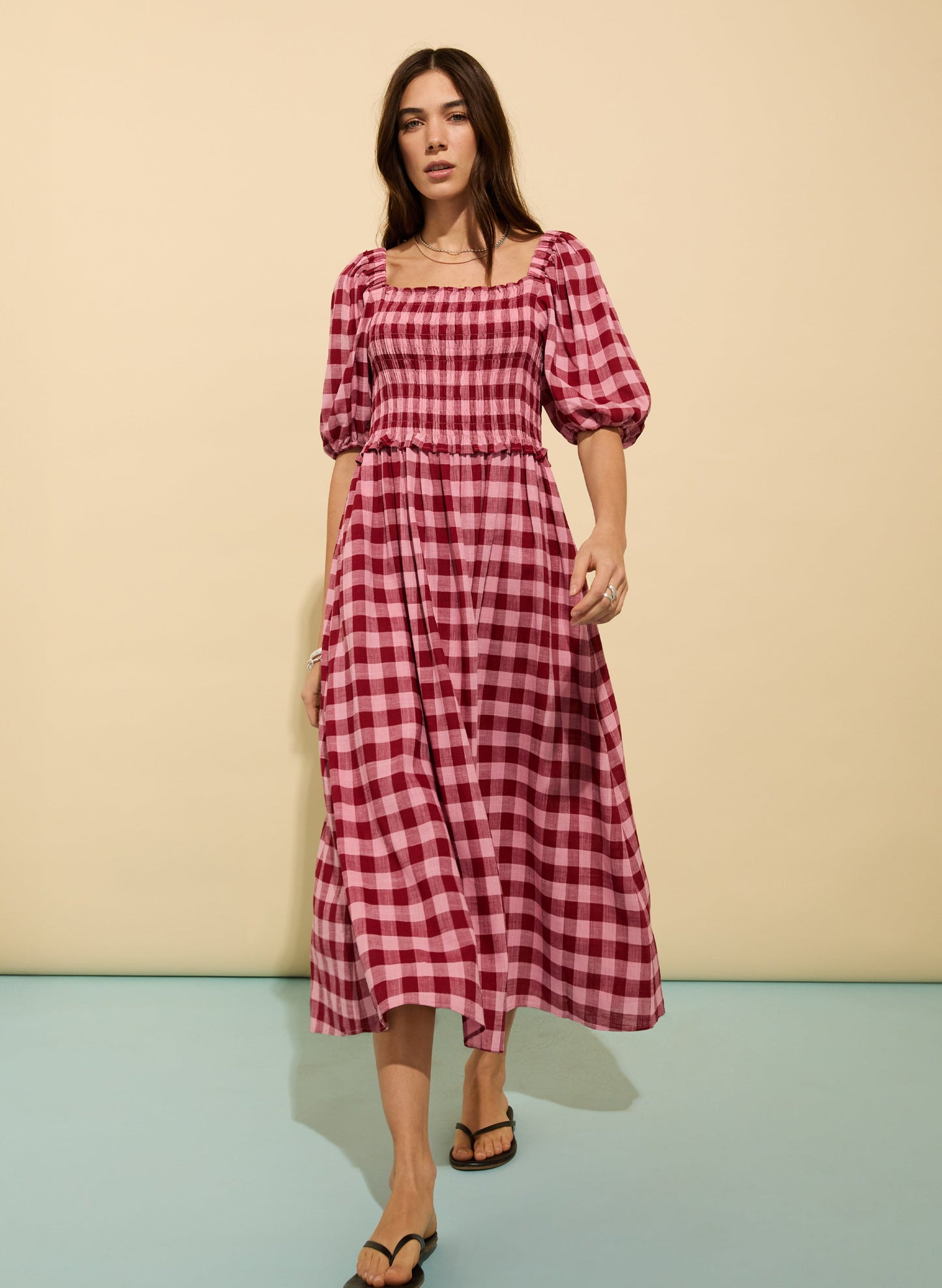 Davina Gingham Midi Dress Pink & Burgundy Gingham