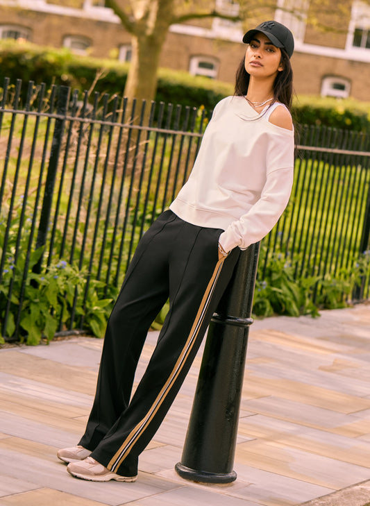 Marjorie Side Stripe Ponte Trousers / Black / Camel Stripe
