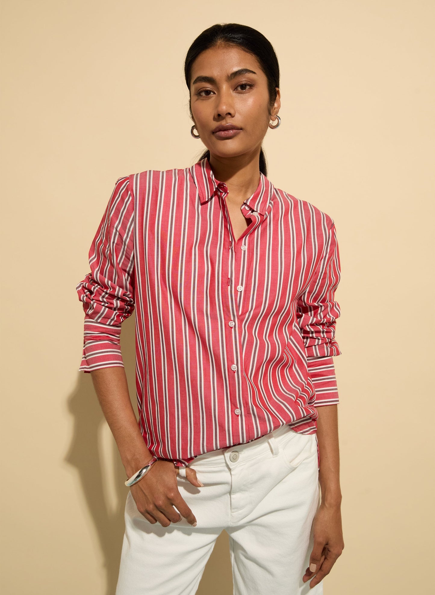 Rishma Organic Cotton Stripe Shirt Crimson, Garnet & White Stripe