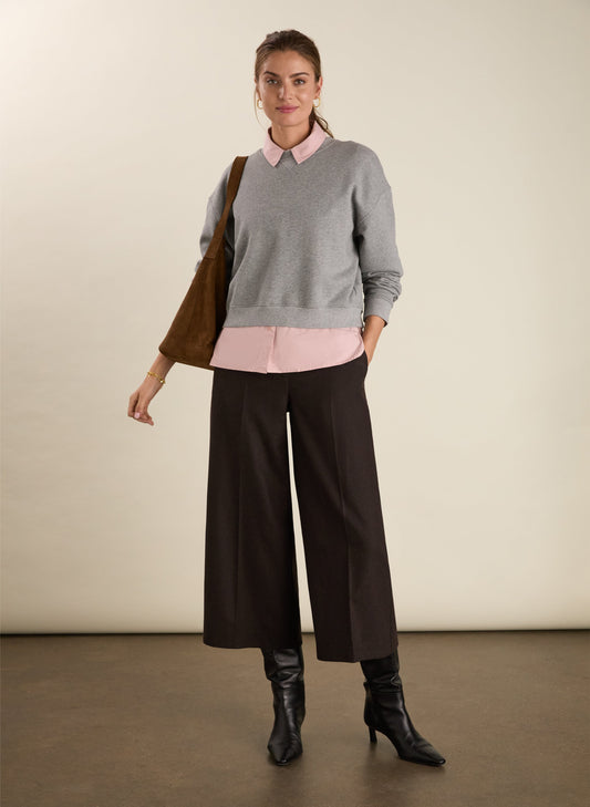 Gilma Wool Blend Wide Crop Trousers / Dark Chocolate