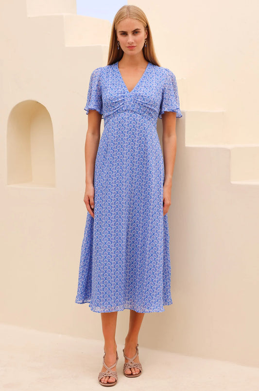 Blue patterned midi dress with V-neckline, short flutter sleeves, and fitted waist.