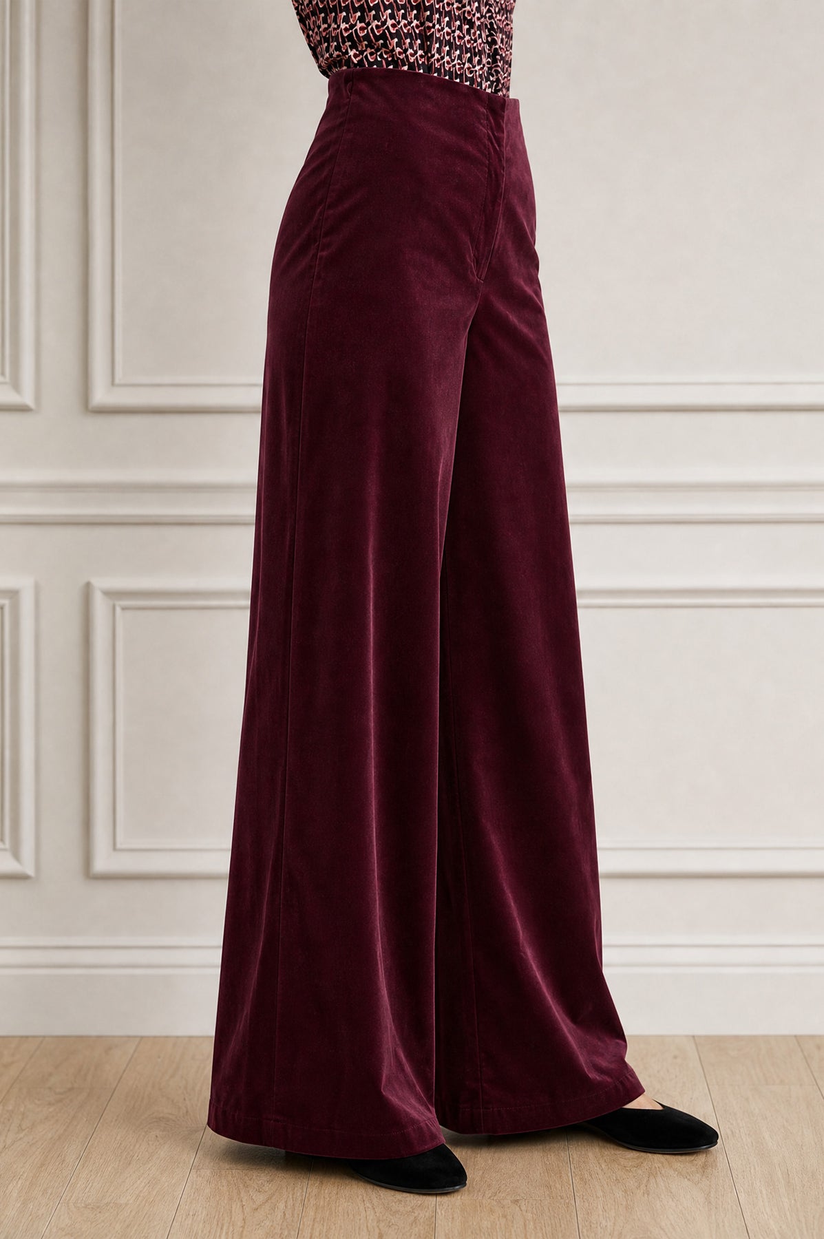 Wide Leg Stretch Velvet Corduroy Trouser - Burgundy