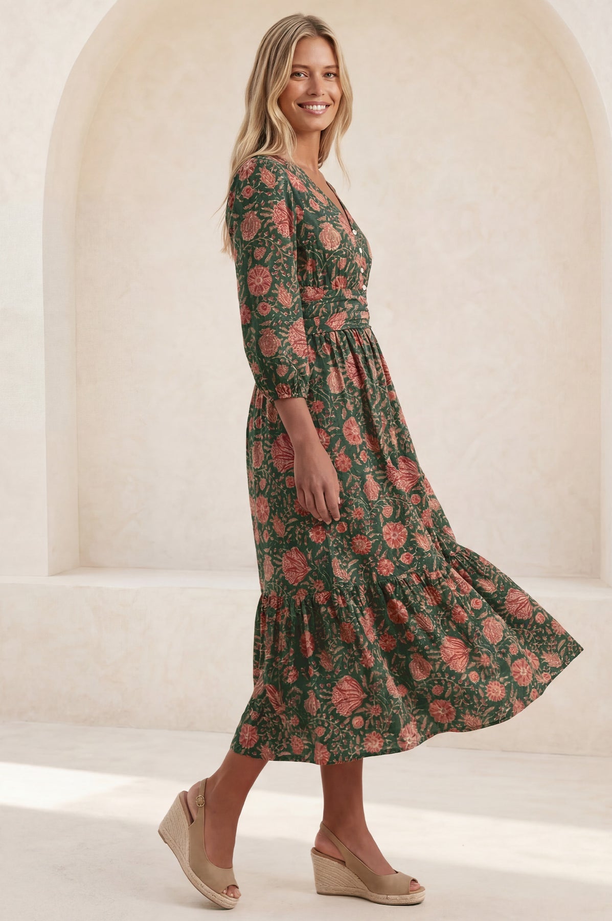 Jyoti Cotton Midi Dress - Khaki/Orange