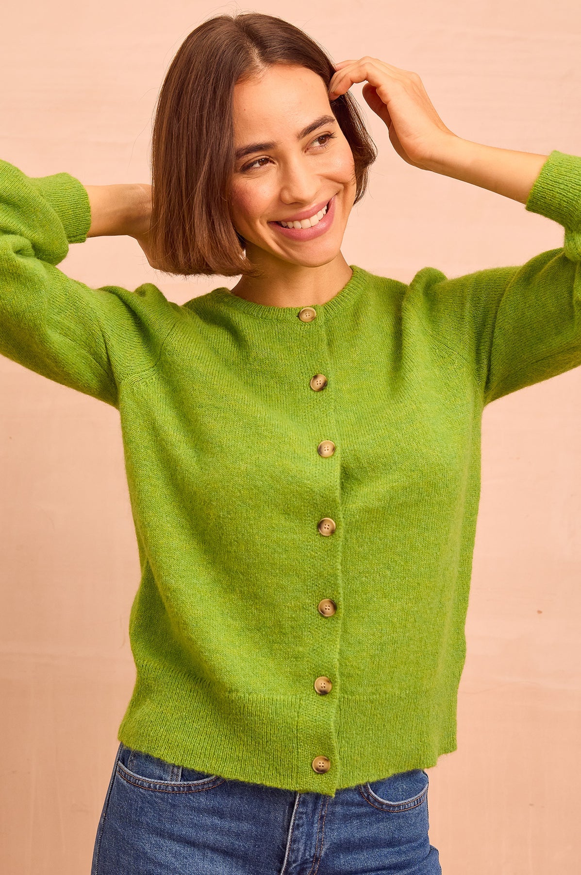 Alpaca Blend Puff Sleeve Cardigan - Green