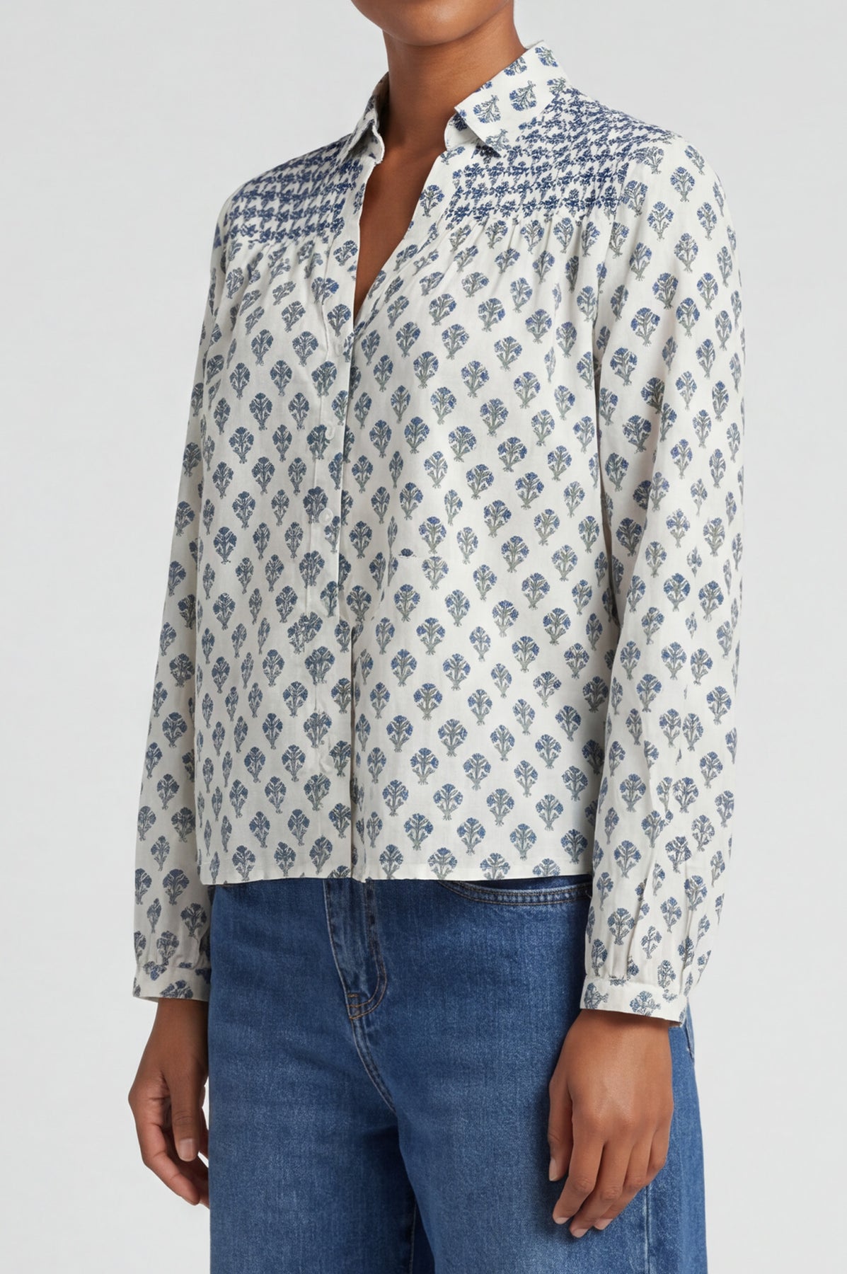 Livi Organic Cotton Blouse - Cream/Blue