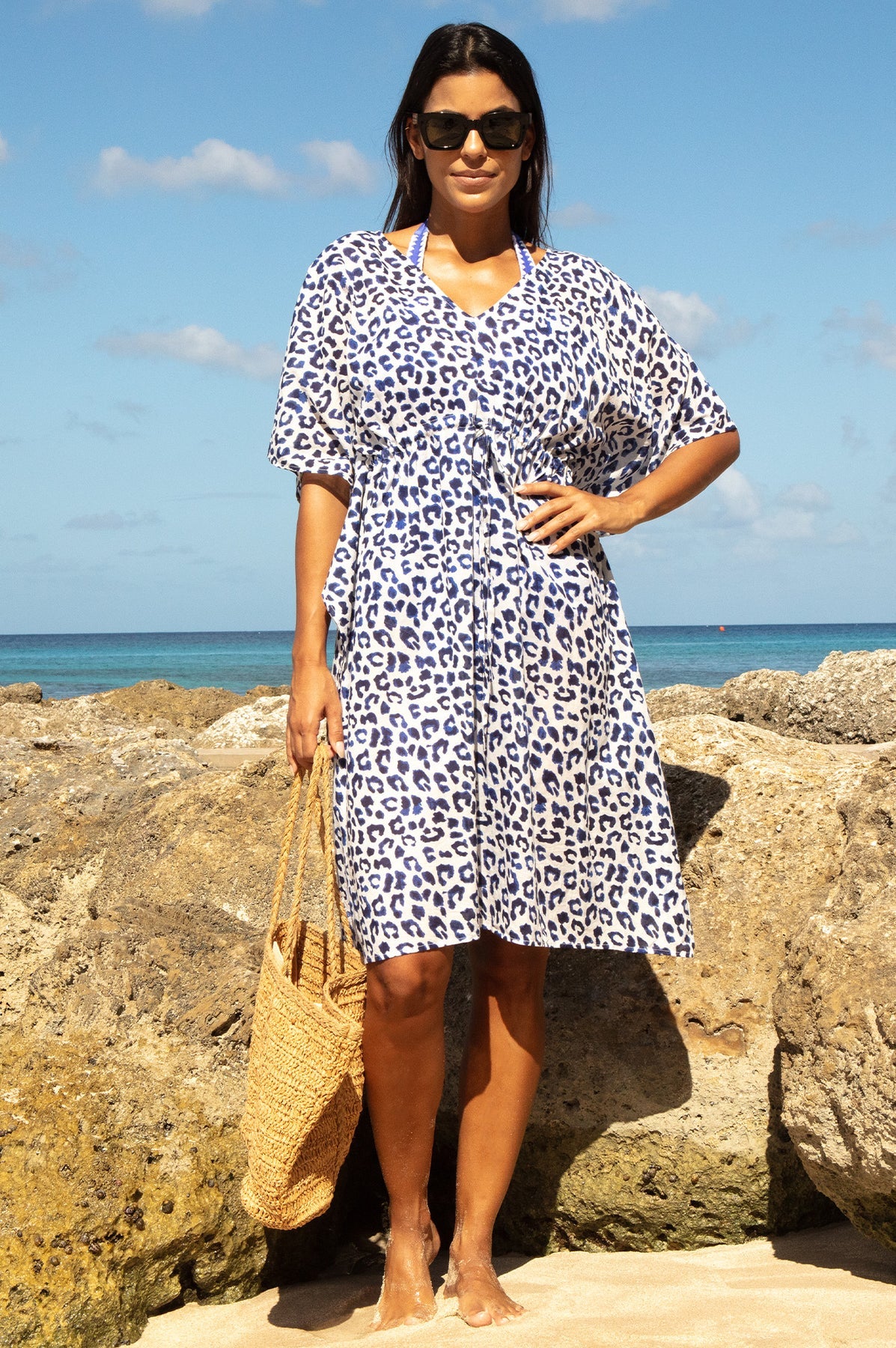 Manilla Organic Cotton Kaftan - White/Navy