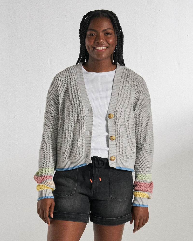 Grey marl knitted chunky cardigan with rainbow cuffs.