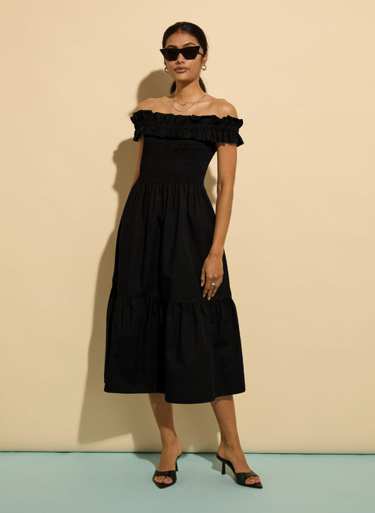 Rafaella Organic Cotton Off Shoulder Midi Dress / Caviar Black