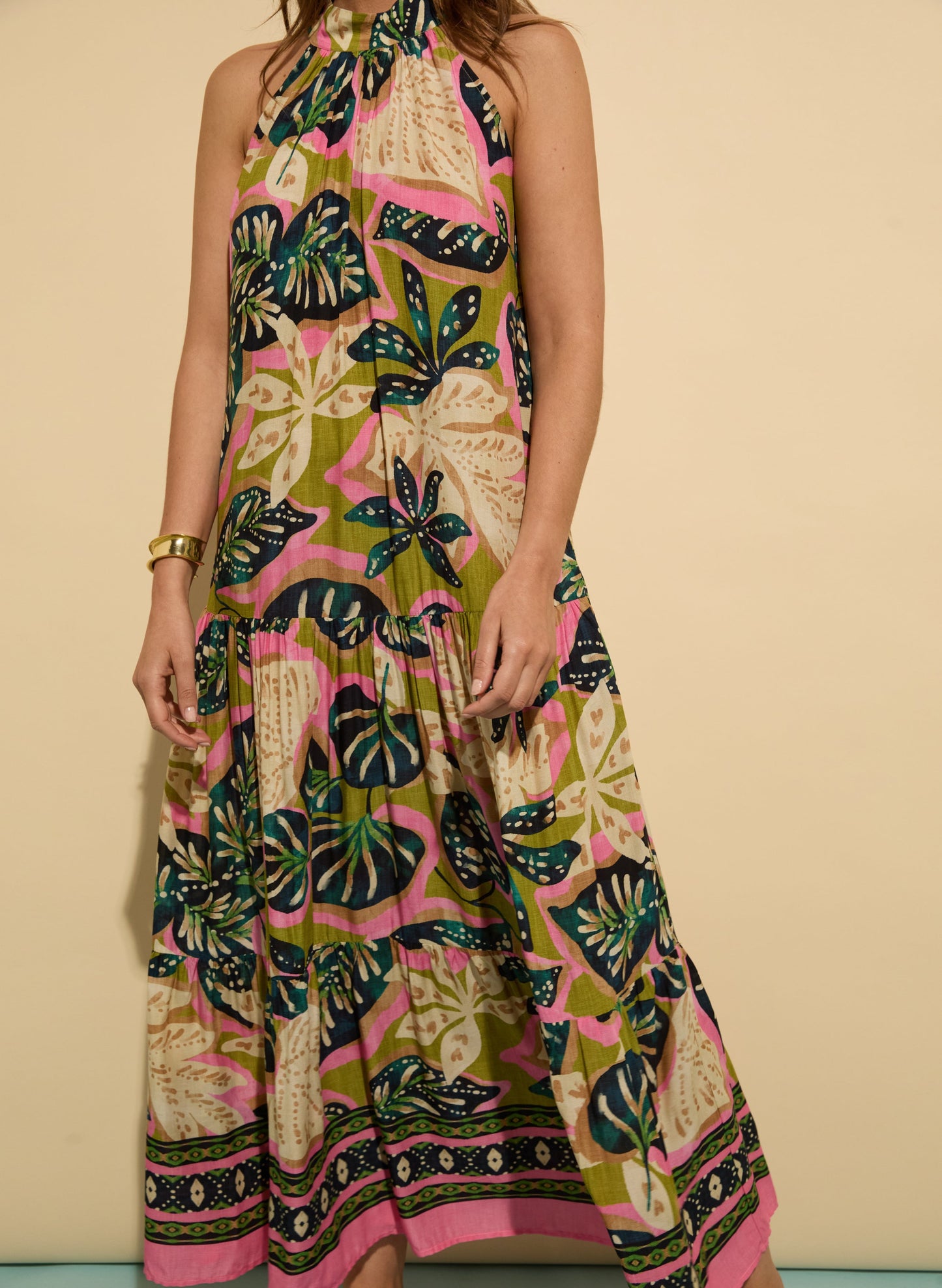 Anouk Printed Sleeveless Maxi Dress / Lime Palm
