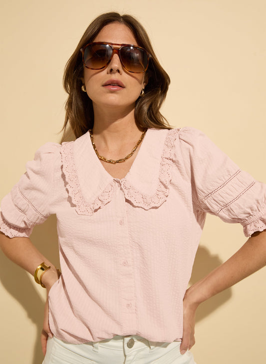 Marti Organic Cotton Broderie Detail Blouse Powder Pink