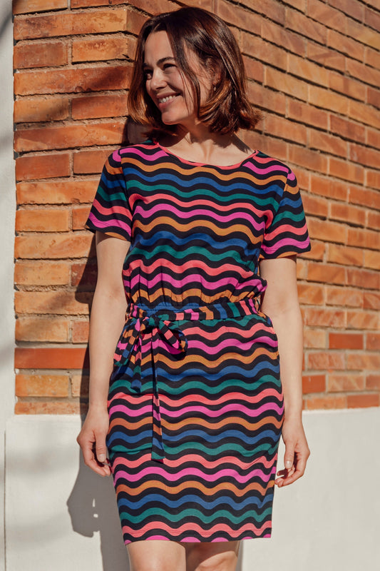 Terri Jersey Mini Dress - Black/Multi, Wavy Chevron