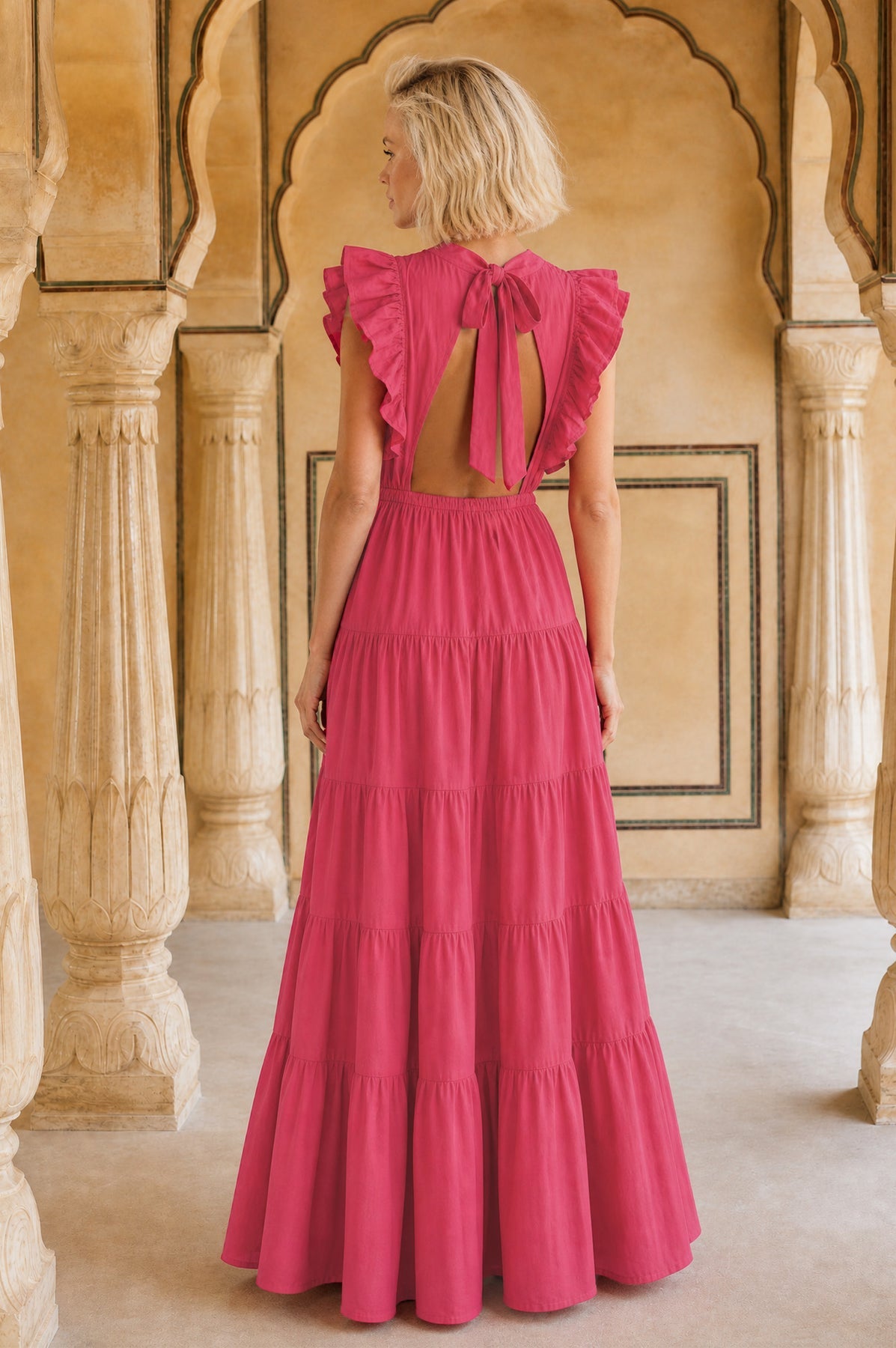 Rose Frill Plain Maxi Dress - Pink