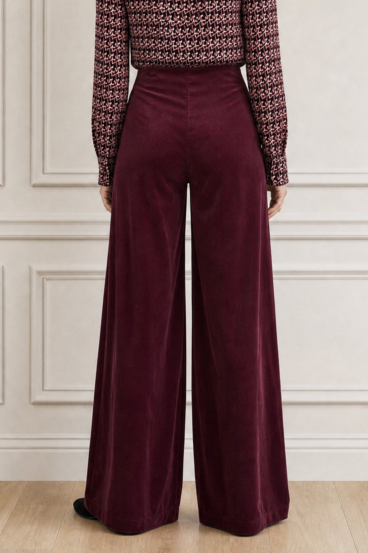 Wide Leg Stretch Velvet Corduroy Trouser - Burgundy