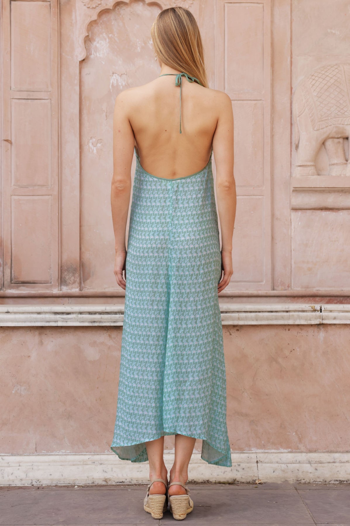 Halter Viscose Midi Dress - Sage/White