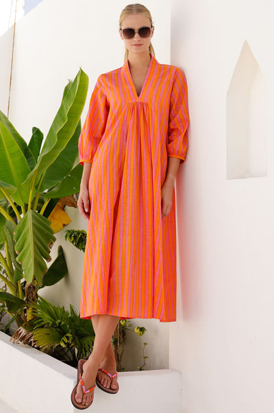 Orange and pink striped cotton kaftan dress.