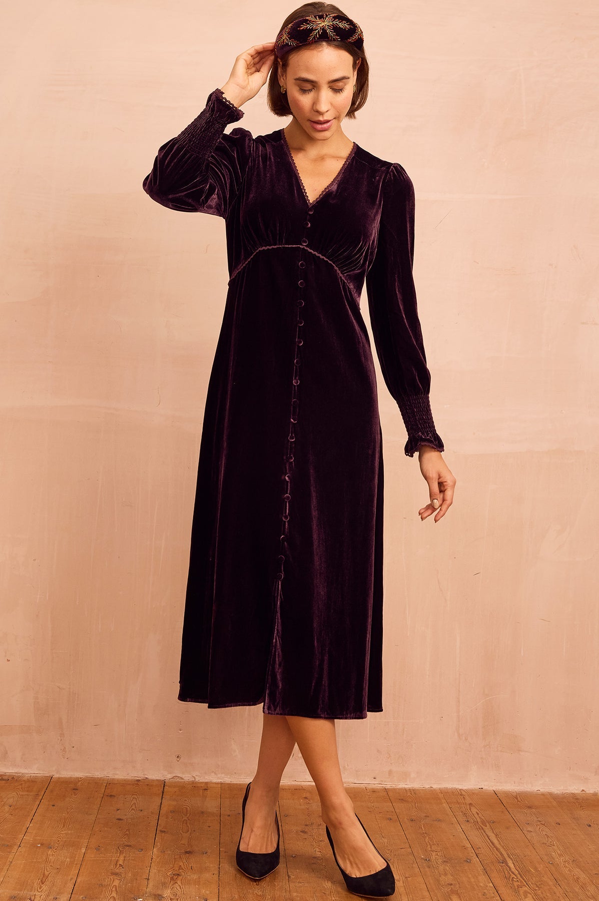 Long Sleeve Velvet Sally Anne Dress - Aubergine Purple