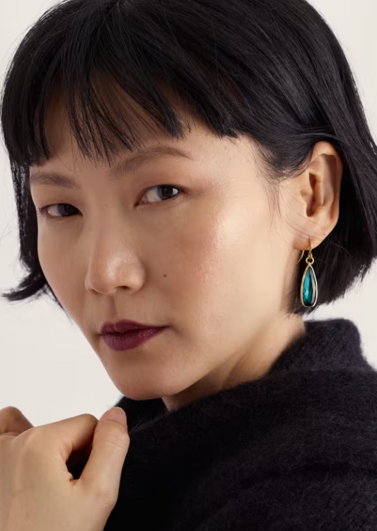 Teal and gold teardrop earrings.