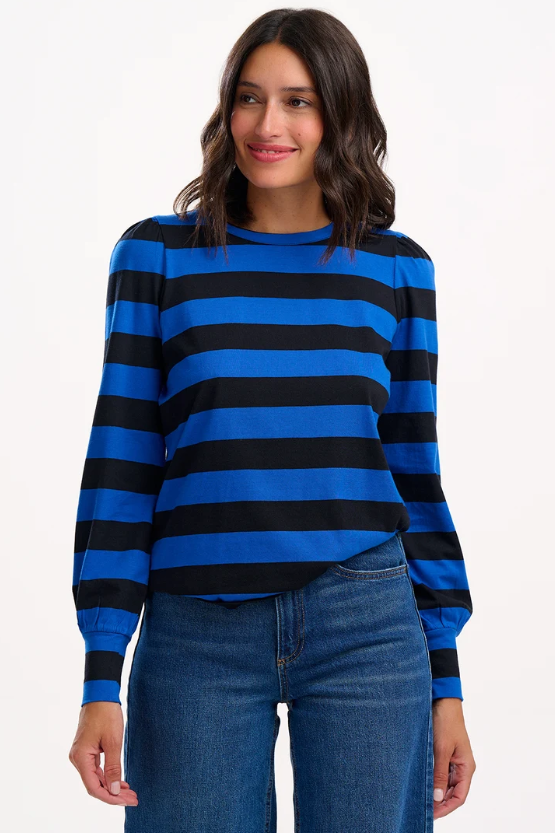Bright blue and black wide striped puff-sleeve top.