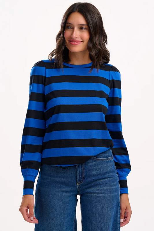 Bright blue and black wide striped puff-sleeve top.