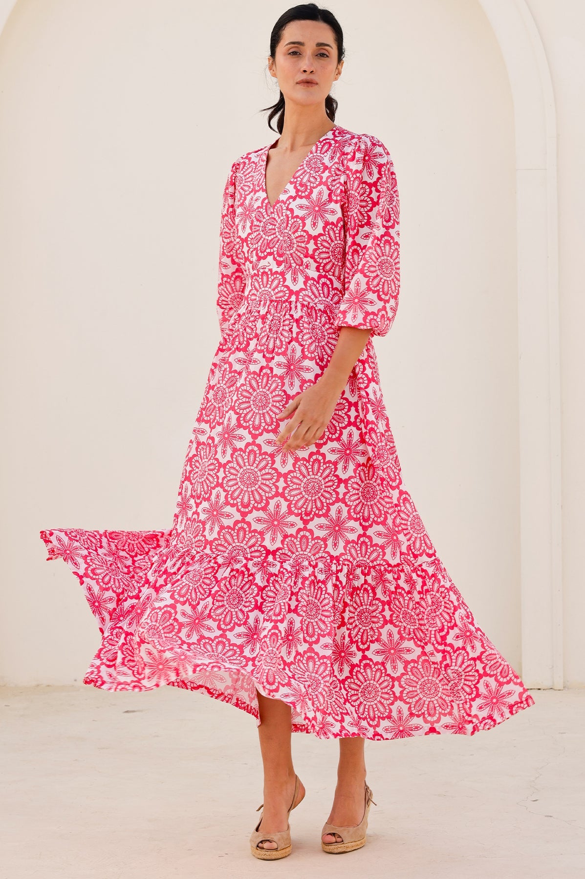 Annie Maxi Organic Cotton Summer Dress - White/Pink