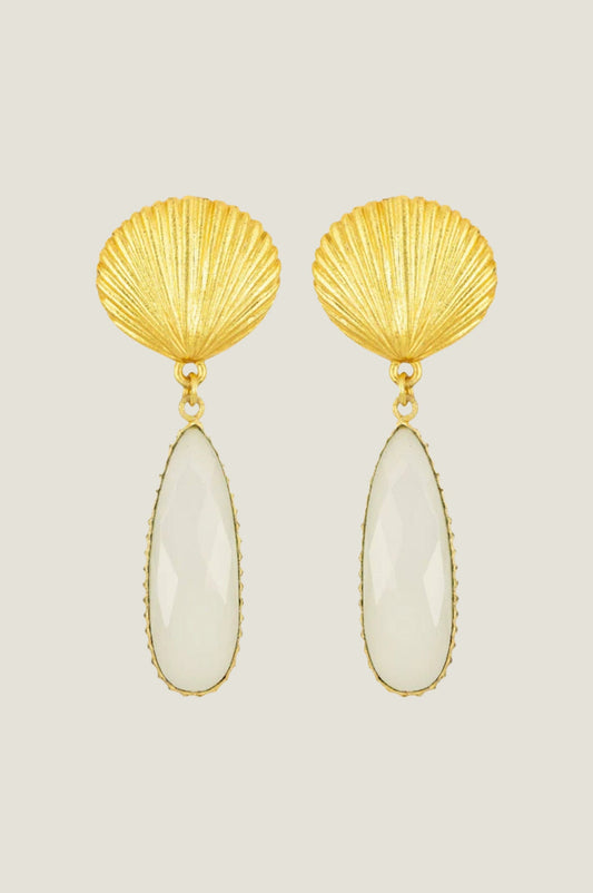 Gold shell stud drop earrings with elongated oval white stone pendants