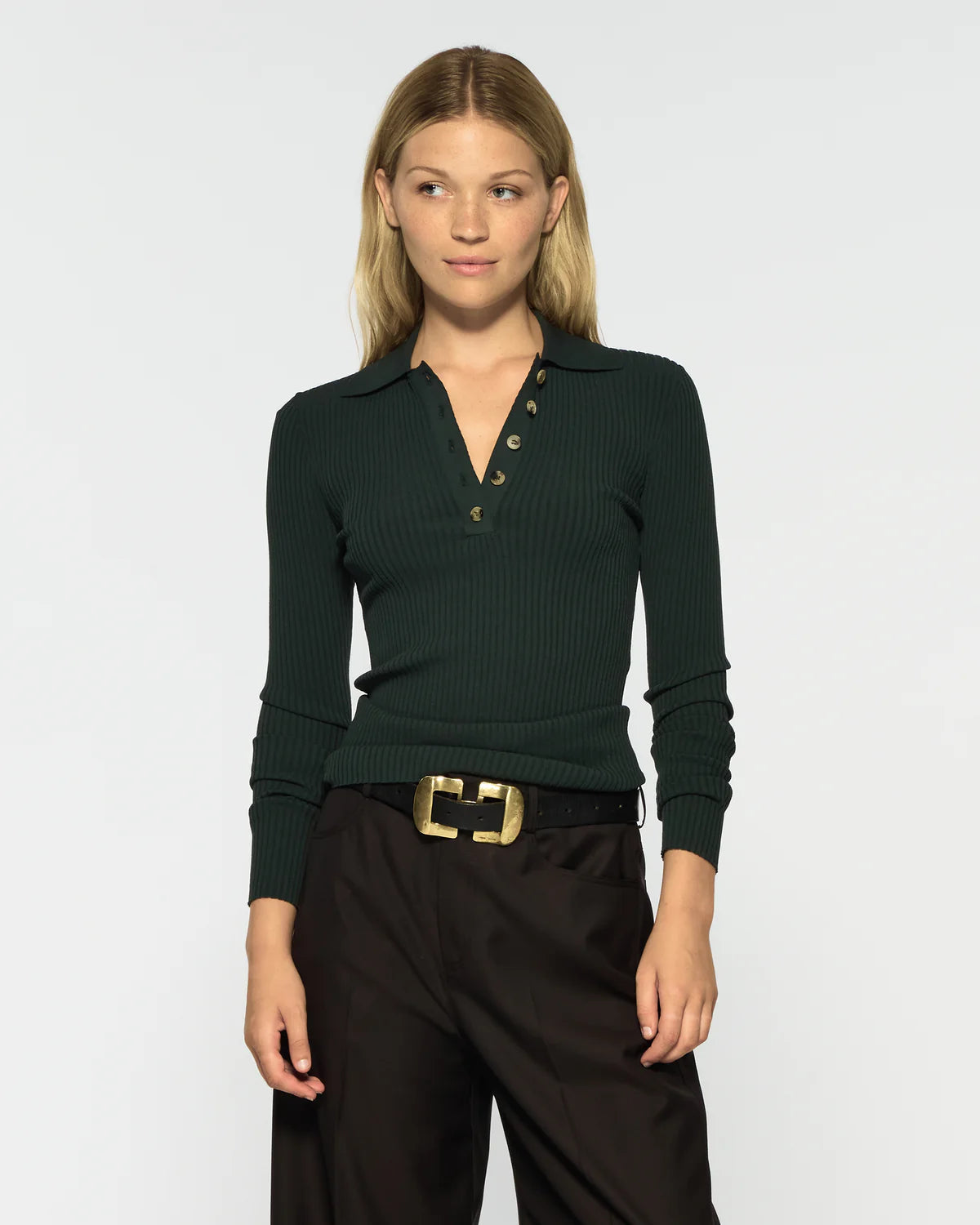 Ribbed Henley Top - Forest Green