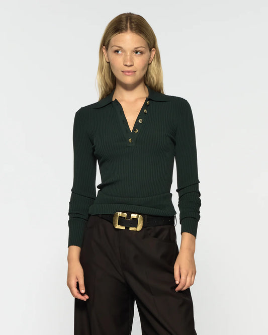 Ribbed Henley Top - Forest Green