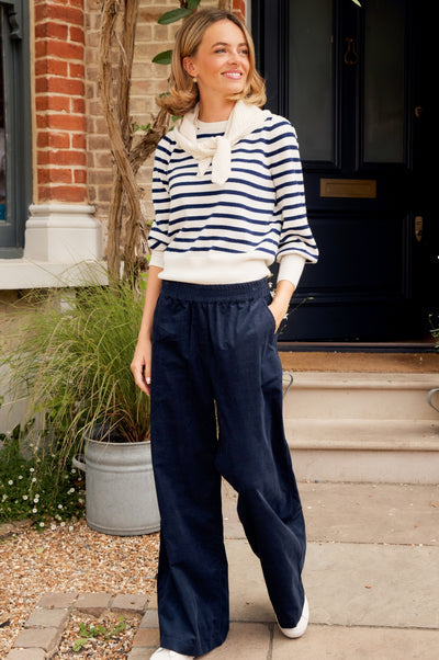Cool navy organic cotton corduroy trousers.