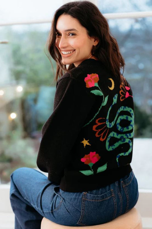 Adrian Cardigan - Black, Snake/Floral
