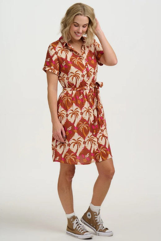 Brown, rust and camel Hawaiian patterned shirt dress.