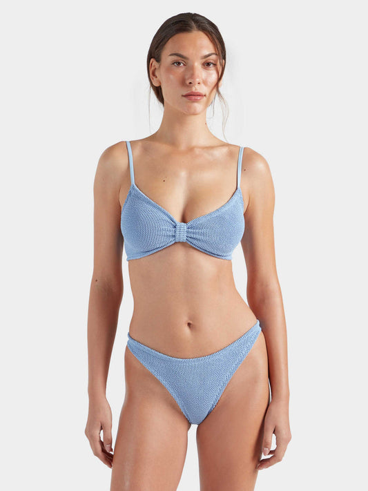 Cornflower blue crinkle fabric bikini.