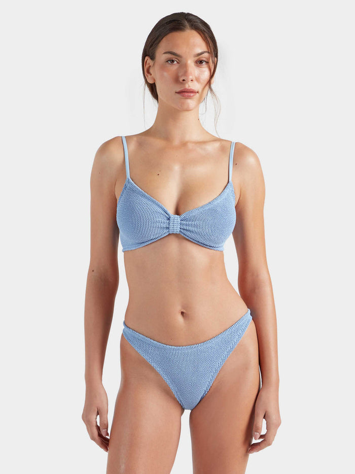 Cornflower blue crinkle fabric bikini.