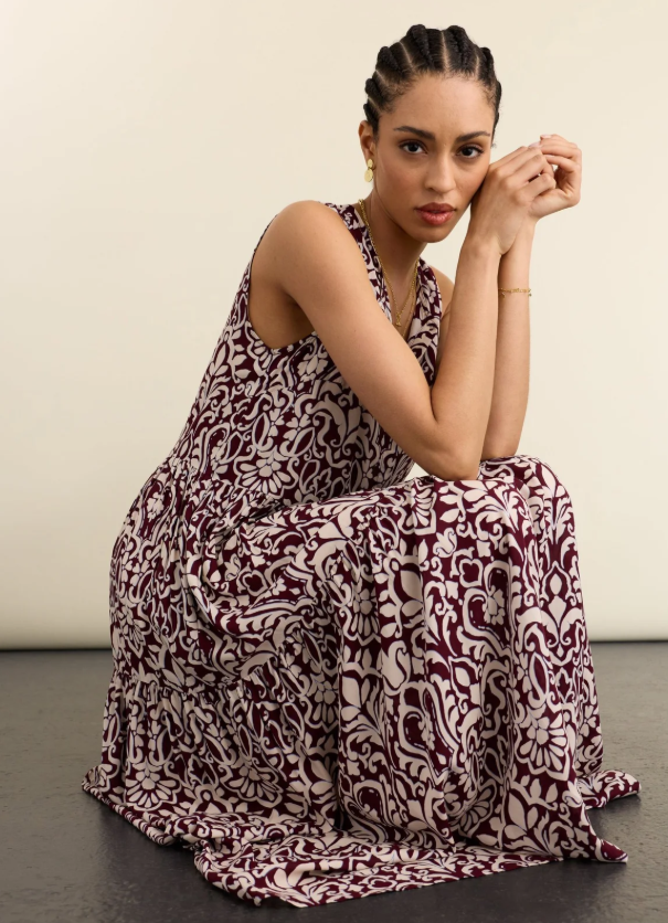Annmarie Sleeveless Printed Dress - Burgundy Damask