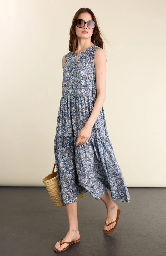 Annmarie Sleeveless Printed Dress - Denim Woodblock Print