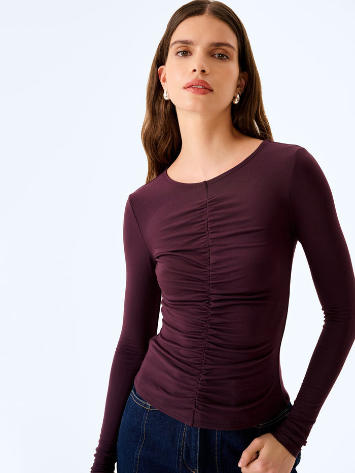 Deep aubergine ruched modal top.