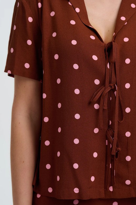 Ariel Shirt - Brown, Pink Polka