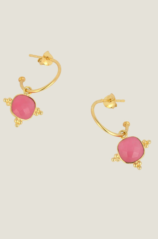Gold hoop earrings with pink jade gemstone drop and small decorative bead details.
