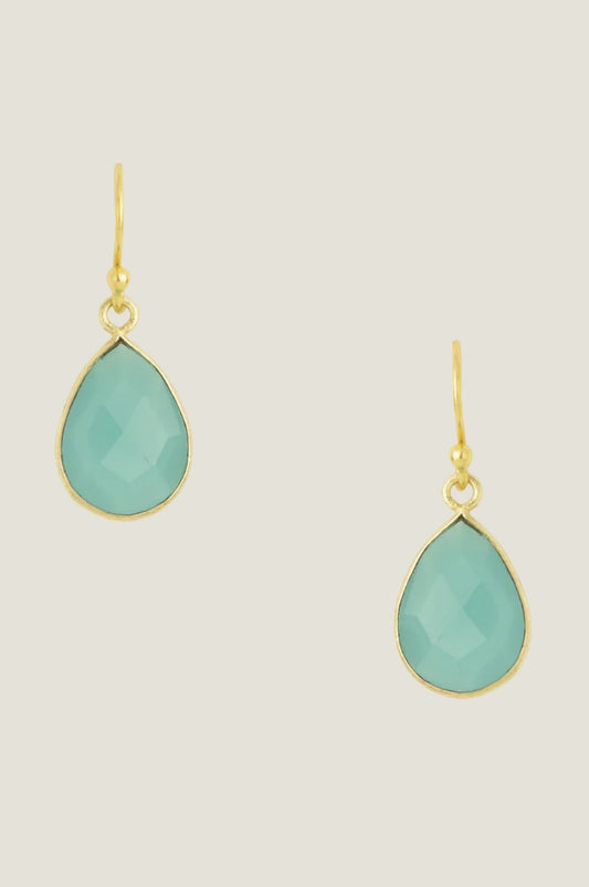 Gold teardrop earrings with aqua gemstones.